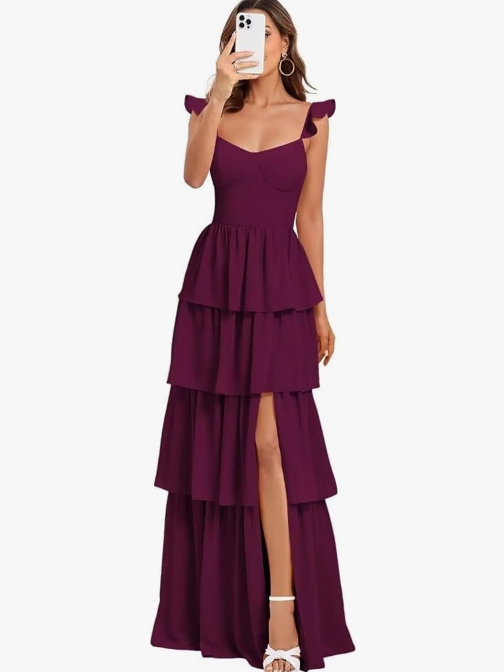 Burgundy color Tiered Ruffle Maxi Dress with Sweetheart Neckline in burgundy
